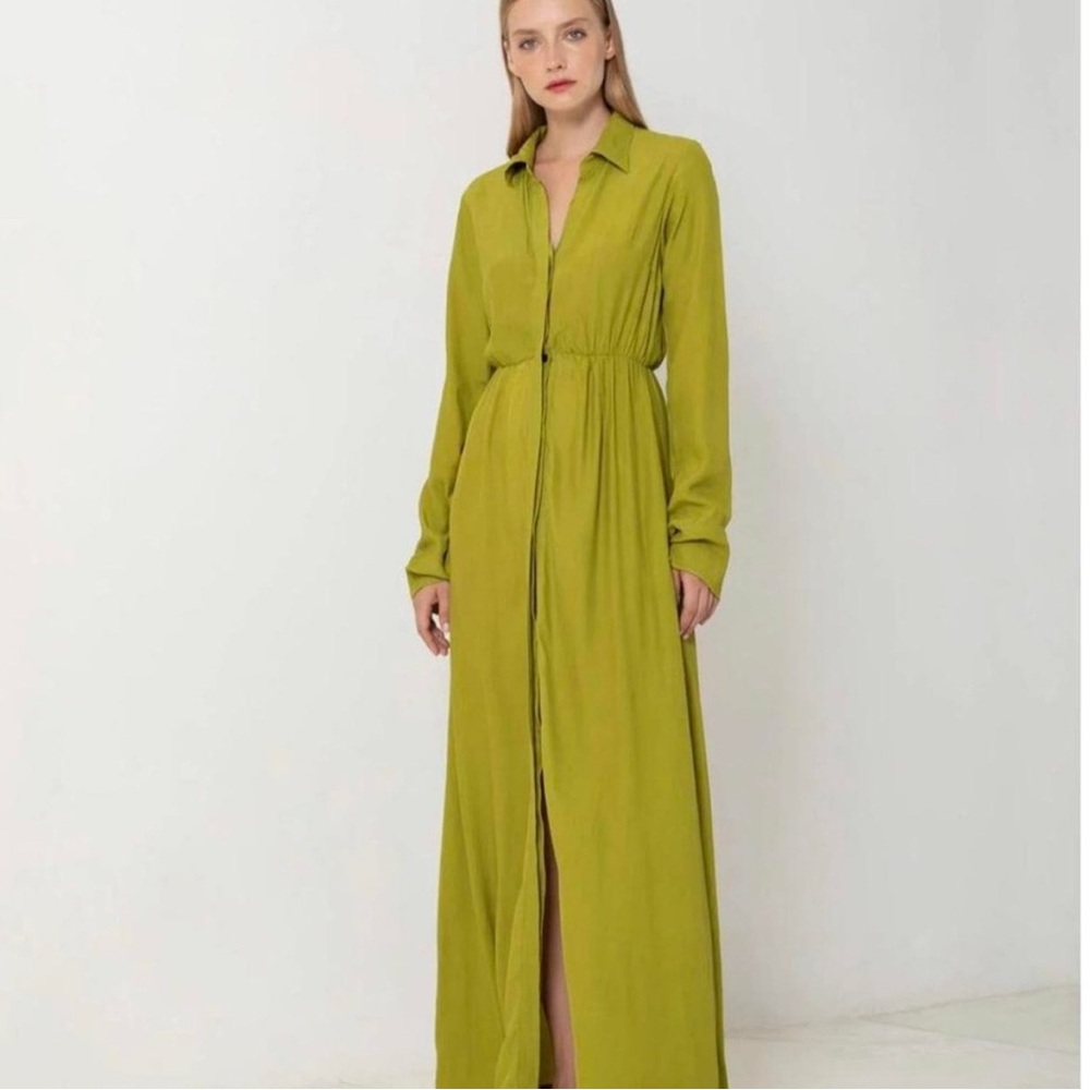 Green Long Sleeve Notched Collar Shirt Dress